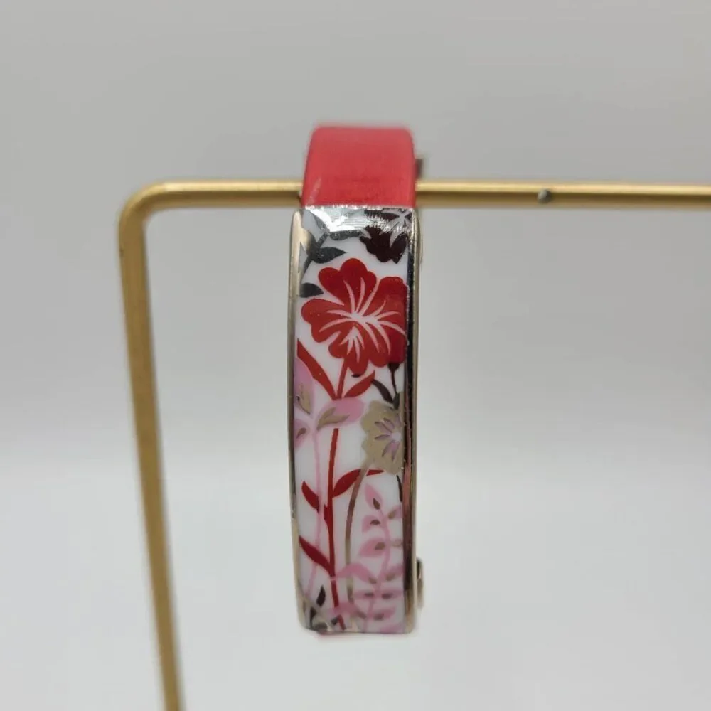 Bernaraud Limoges Porcelain Red Floral Red Leather Bracelet NWOT!